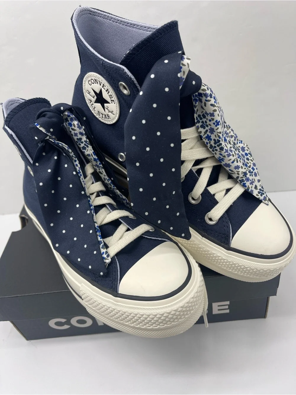 Converse CTAS High Top Platform Sneakers in Navy with Polka-Dot Scarf Laces